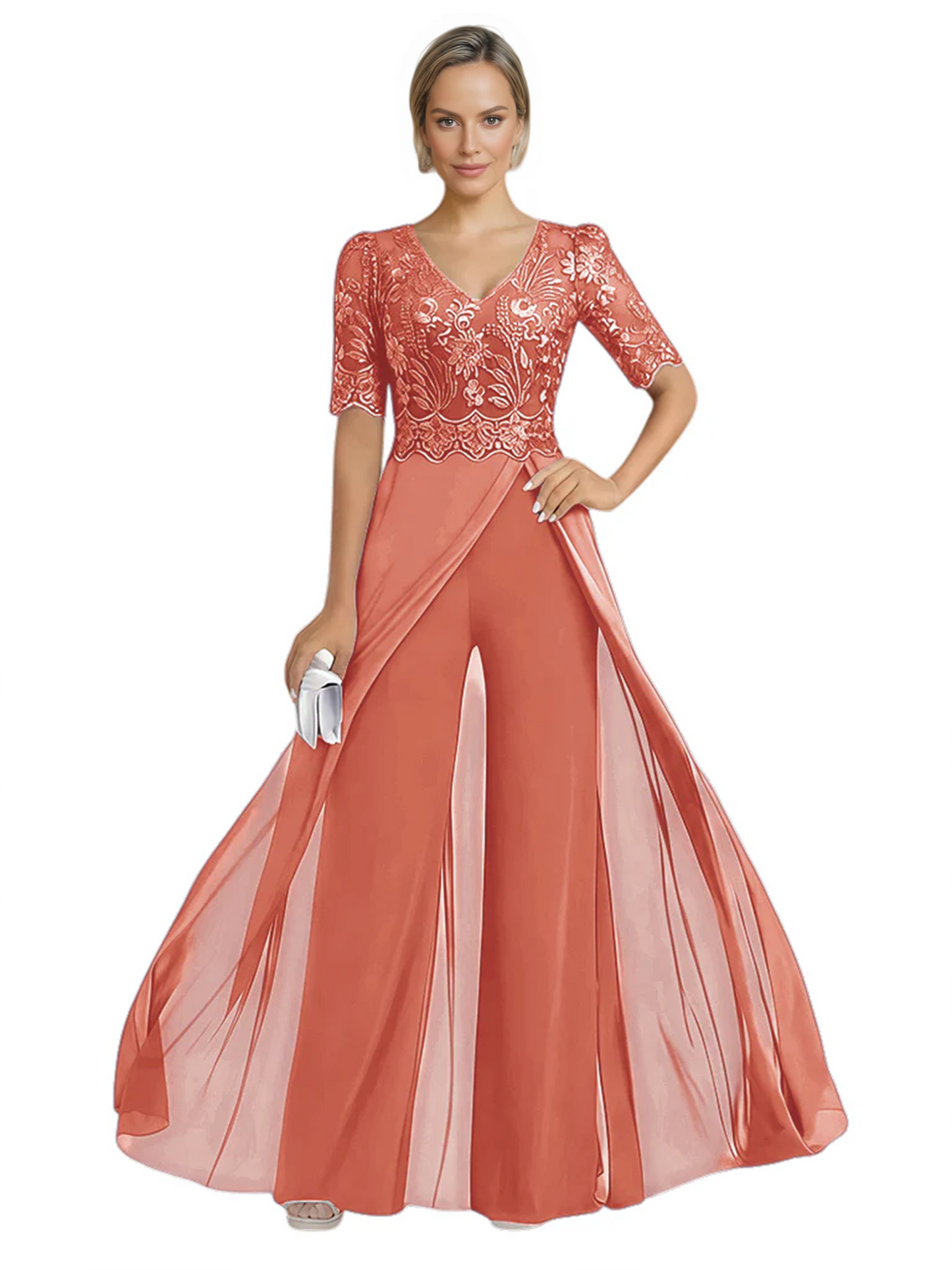 V-Neck Chiffon Mother of the Brides Jumpsuits Dresses Floor Length A-Line Lace