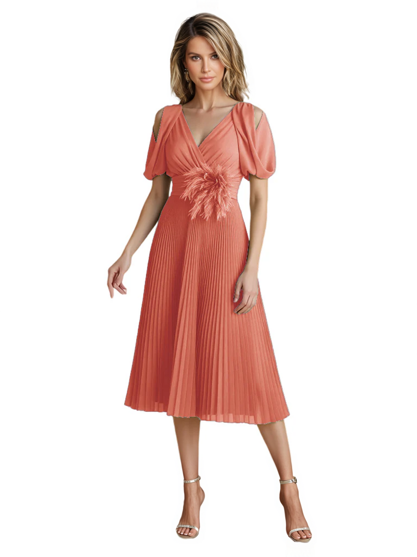 Wedding Formal Dress V-Neck Pleated Chiffon Gown with 3D Flower Accent Knee Length