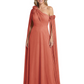 One Shoulder Mother of the Bride Dress Asymmetrical Cape Sleeve Gown with Floral
