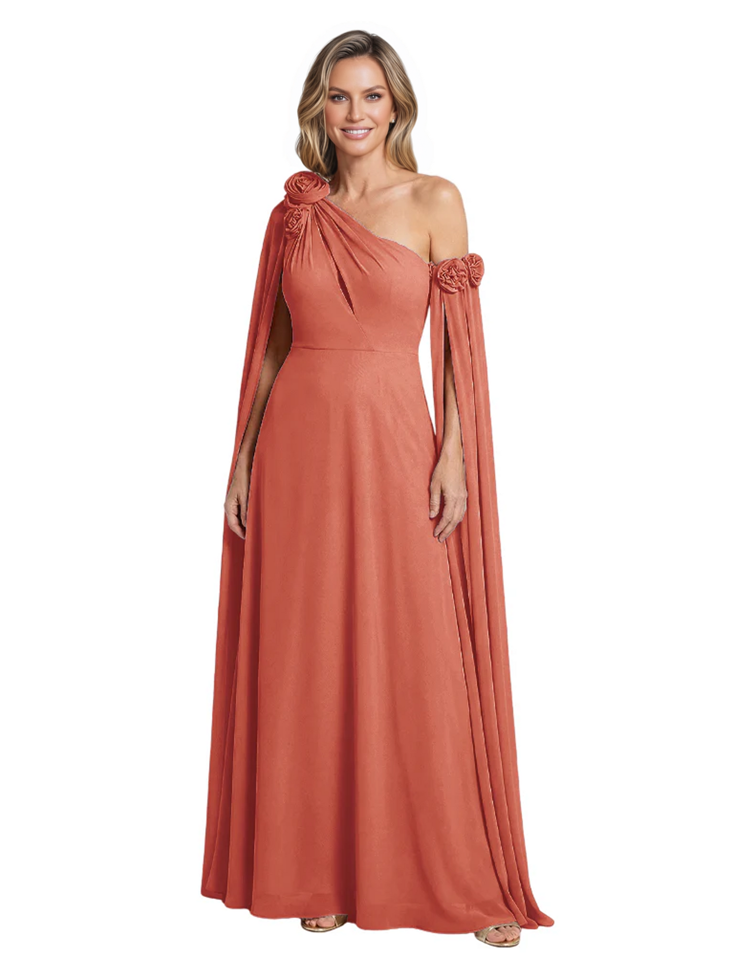 One Shoulder Mother of the Bride Dress Asymmetrical Cape Sleeve Gown with Floral
