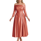 Off Shoulder Mother of the Bride Dress Tea-Length Satin Gown with Lace Applique