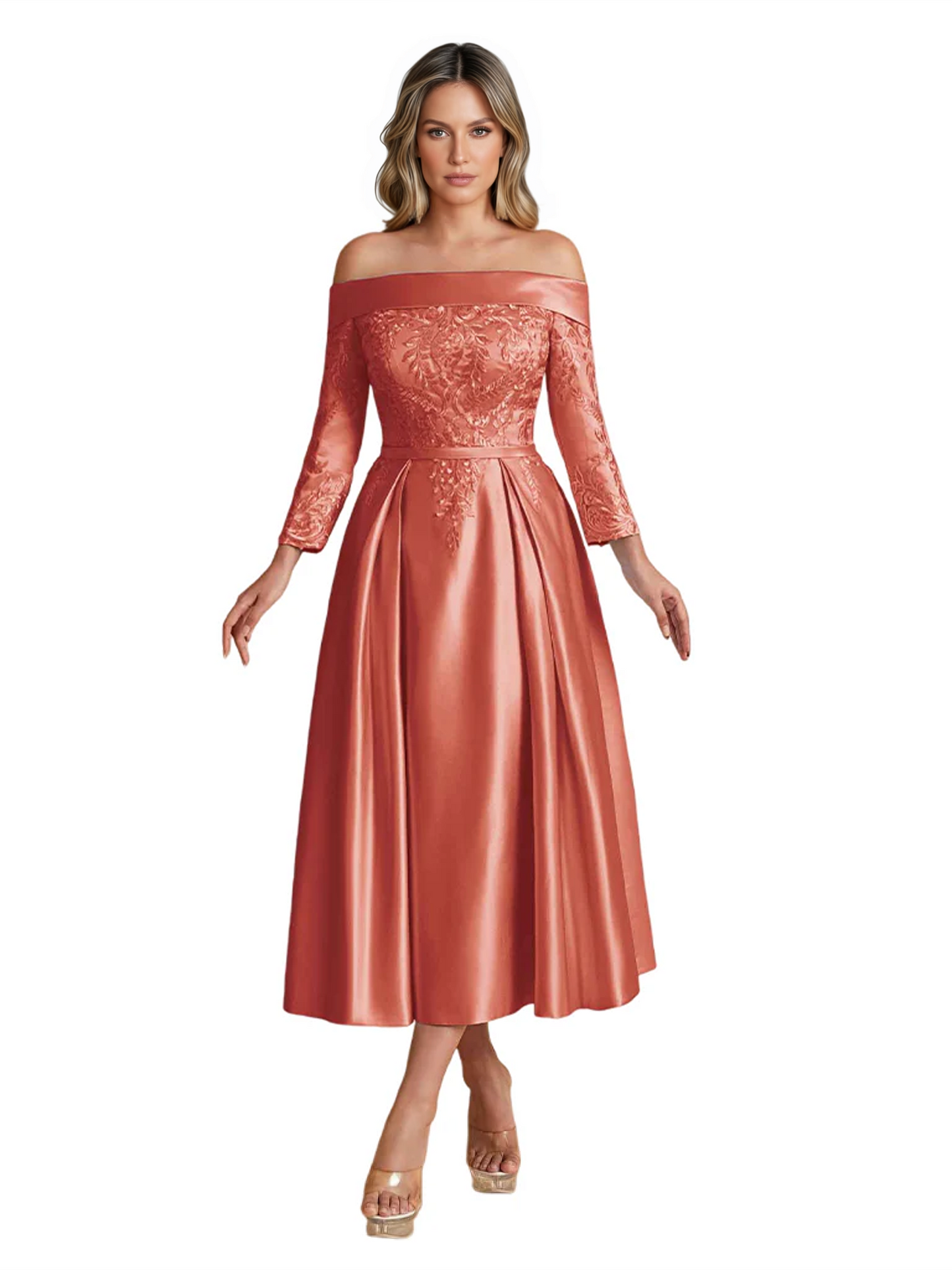 Off Shoulder Mother of the Bride Dress Tea-Length Satin Gown with Lace Applique
