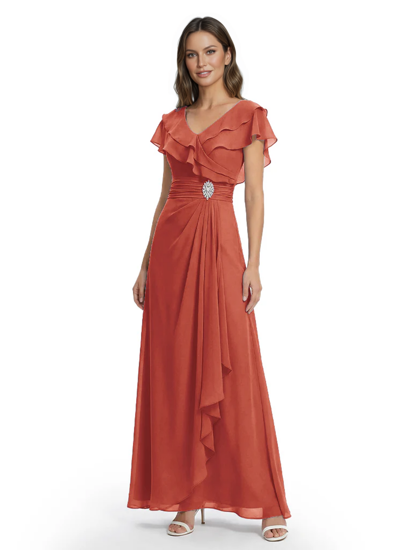 Elegant Mother of the Groom Dress Cascading Ruffle Chiffon Formal Gown Rhinestone