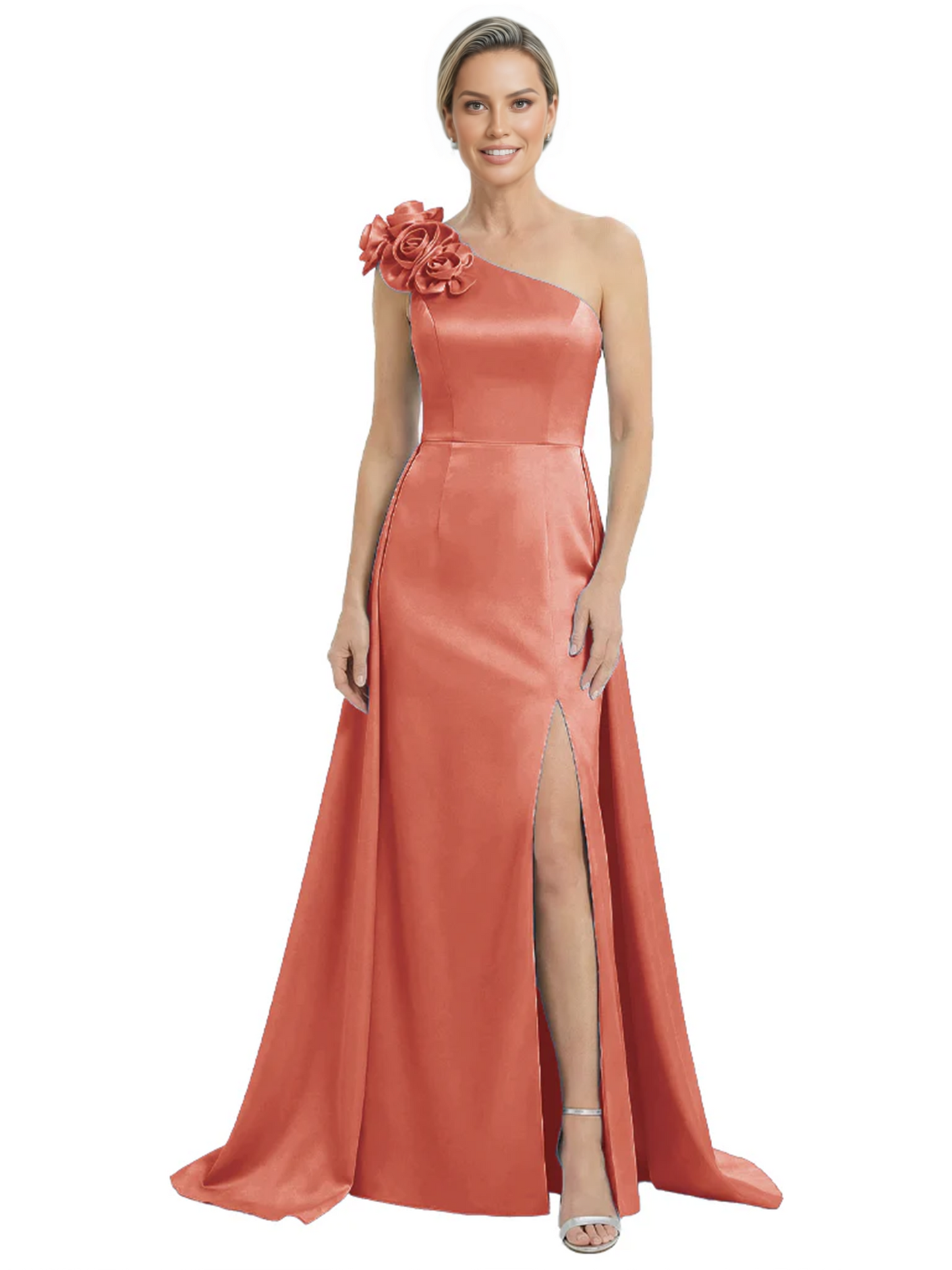 One Shoulder Mother of the Bride Dress with 3D Floral Detail Formal Dress A-Line Gowns with Slit