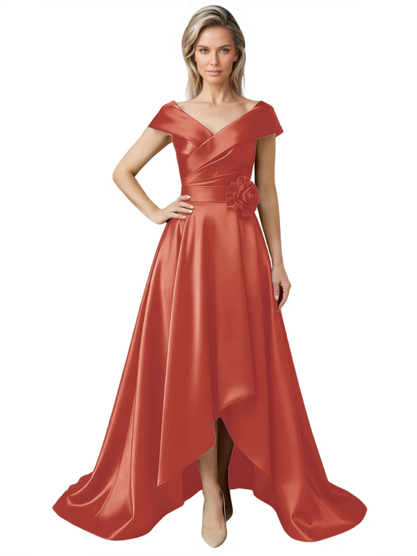 Off Shoulder Mother of the Bride Dress High-Low Satin Gown with Portrait Neckline