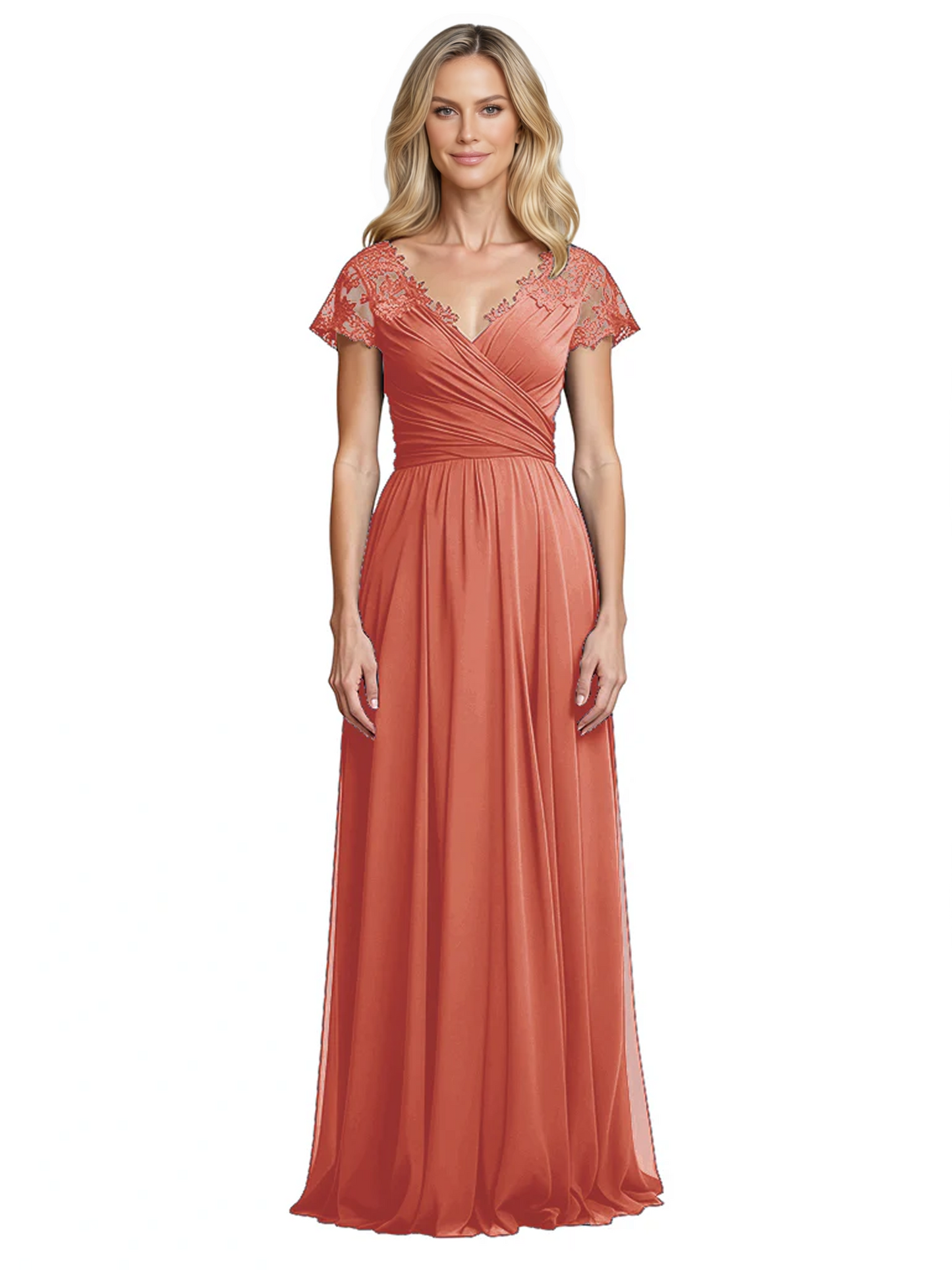 Mother of the Bride Dress Cap Sleeves and V-Neckline with Embroidered Lace Shoulders