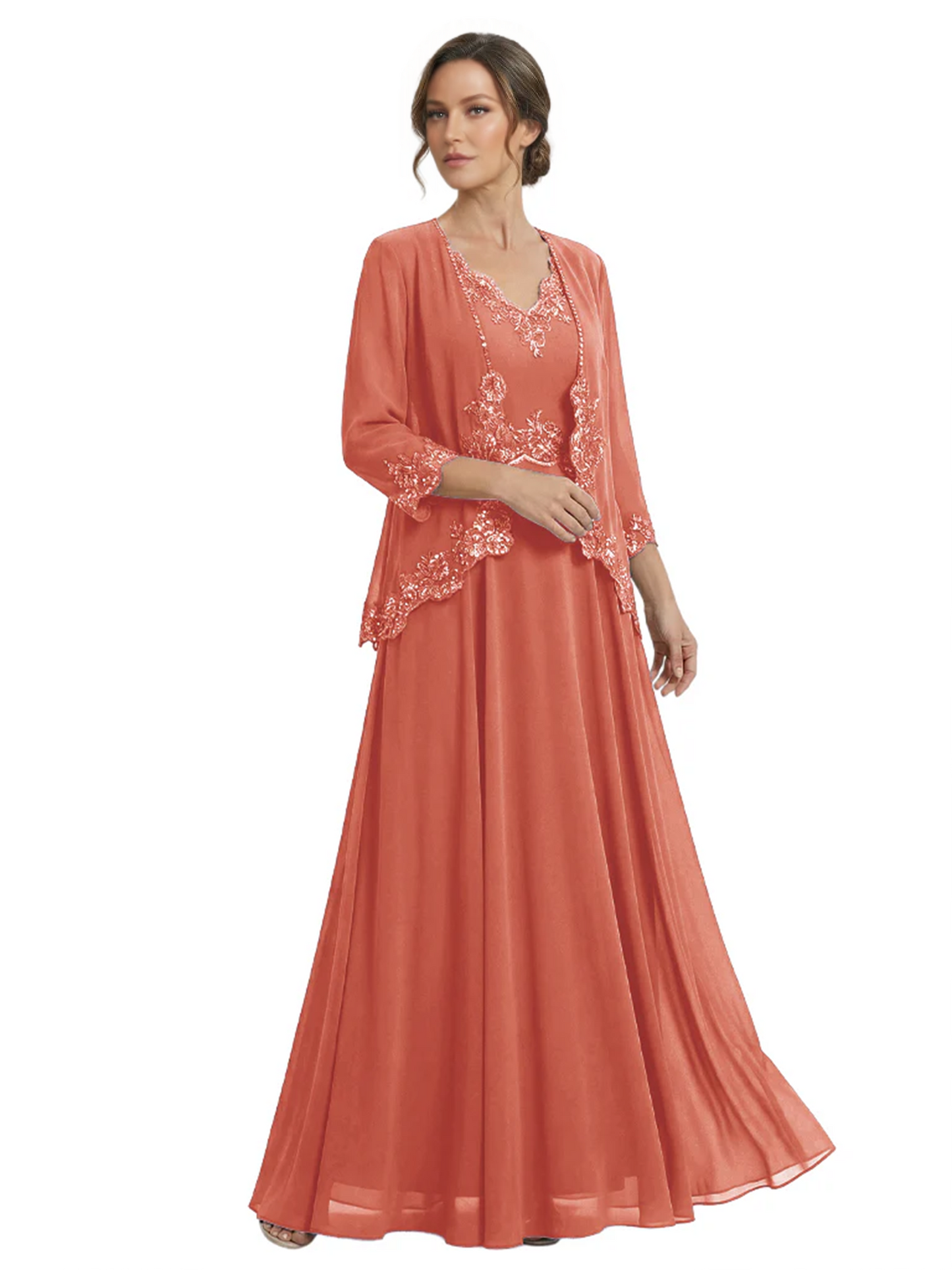 Plus Size A-line Chiffon 3/4 Sleeves Mother of the Brides Dresses Long Jacket Dress