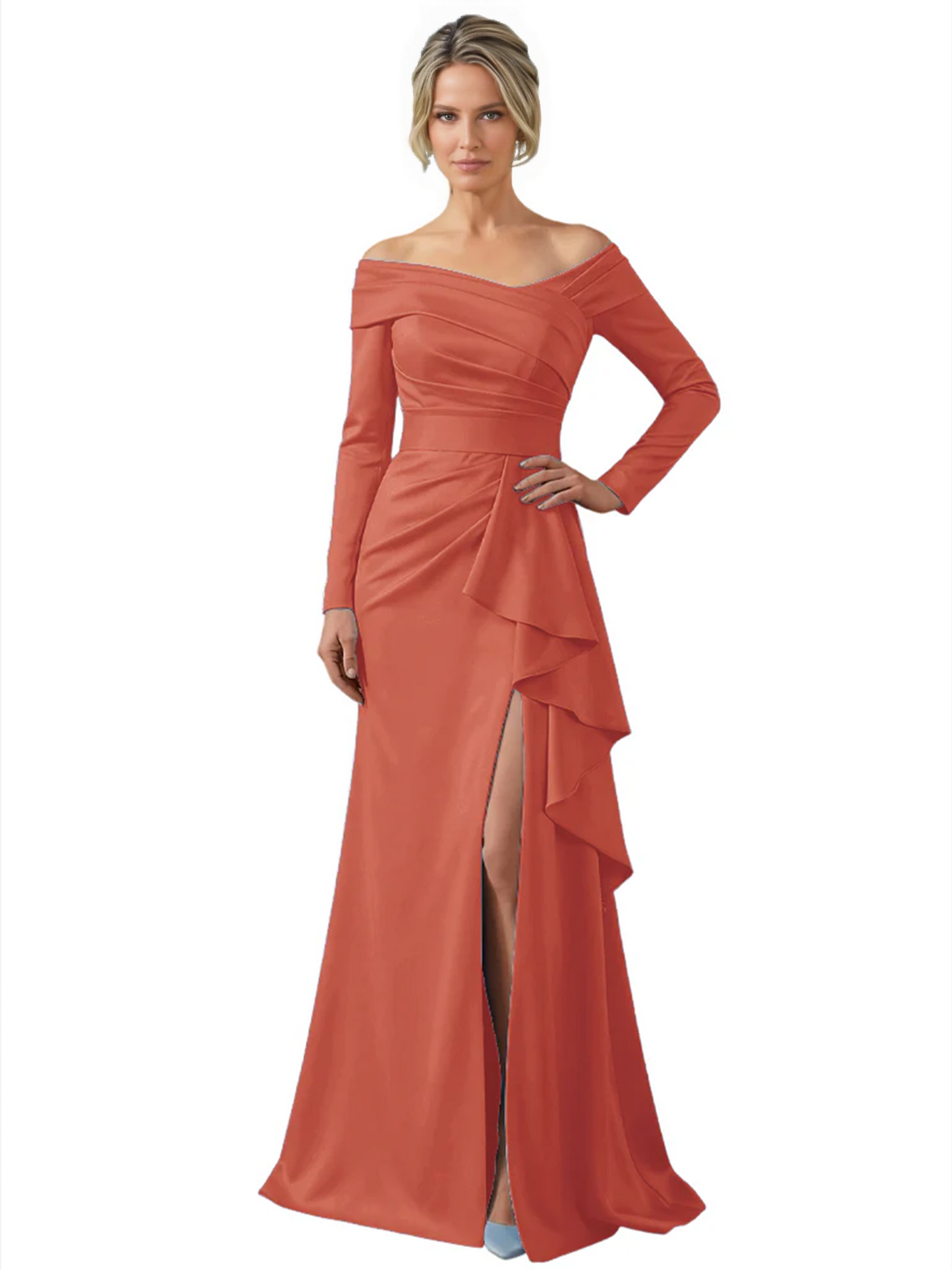 Elegant Mother of the Groom Dress Cascading Ruffle Satin Gown with High Slit Long Sleeves