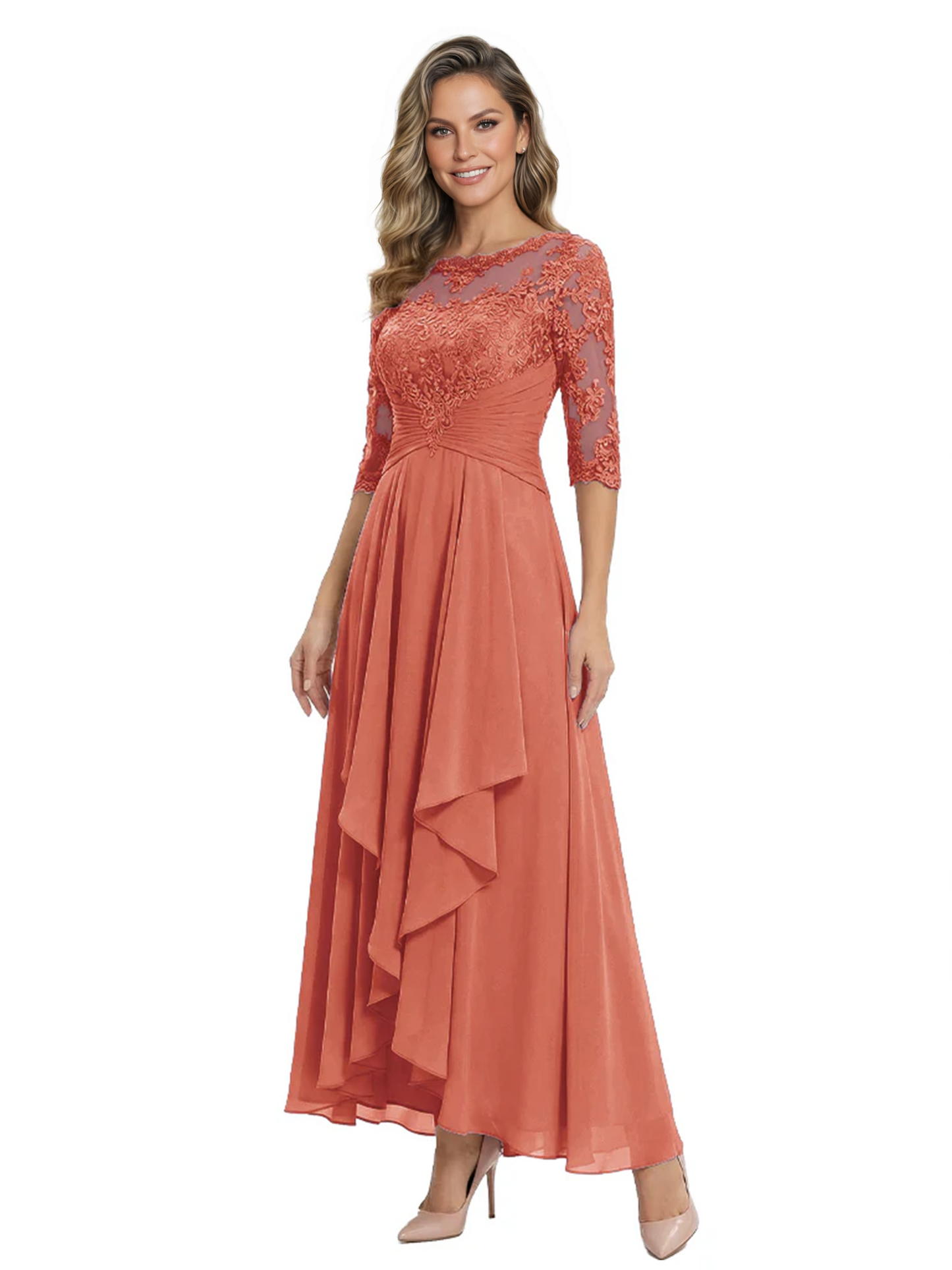 3/4 Sleeve Mother of the Bride Dress with Lace Embroidery High-Low Hem 2026