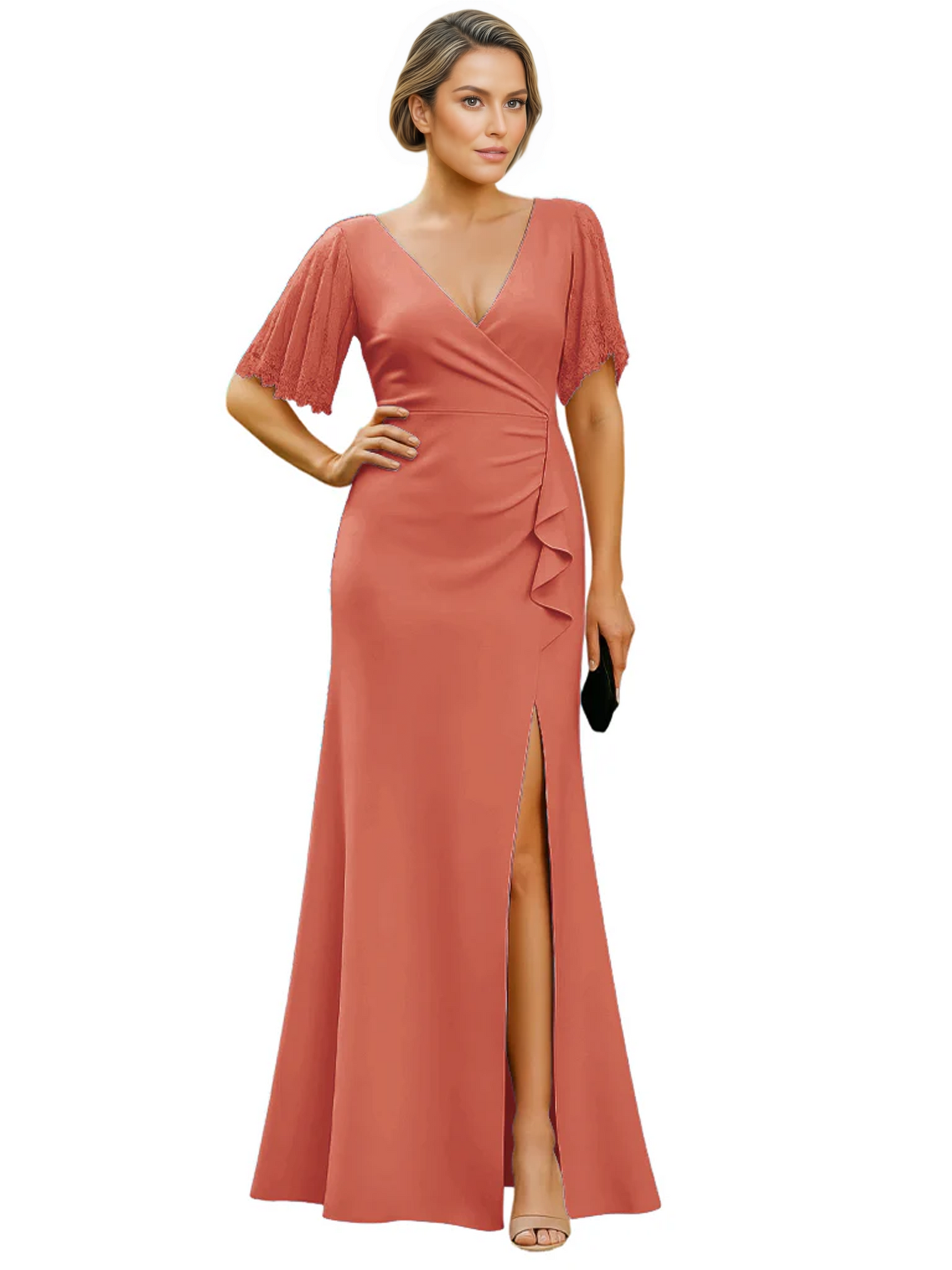 Elegant Evening Gown Trending V-Neck & Ruffle Detail Mother of Bride Outfits Slit