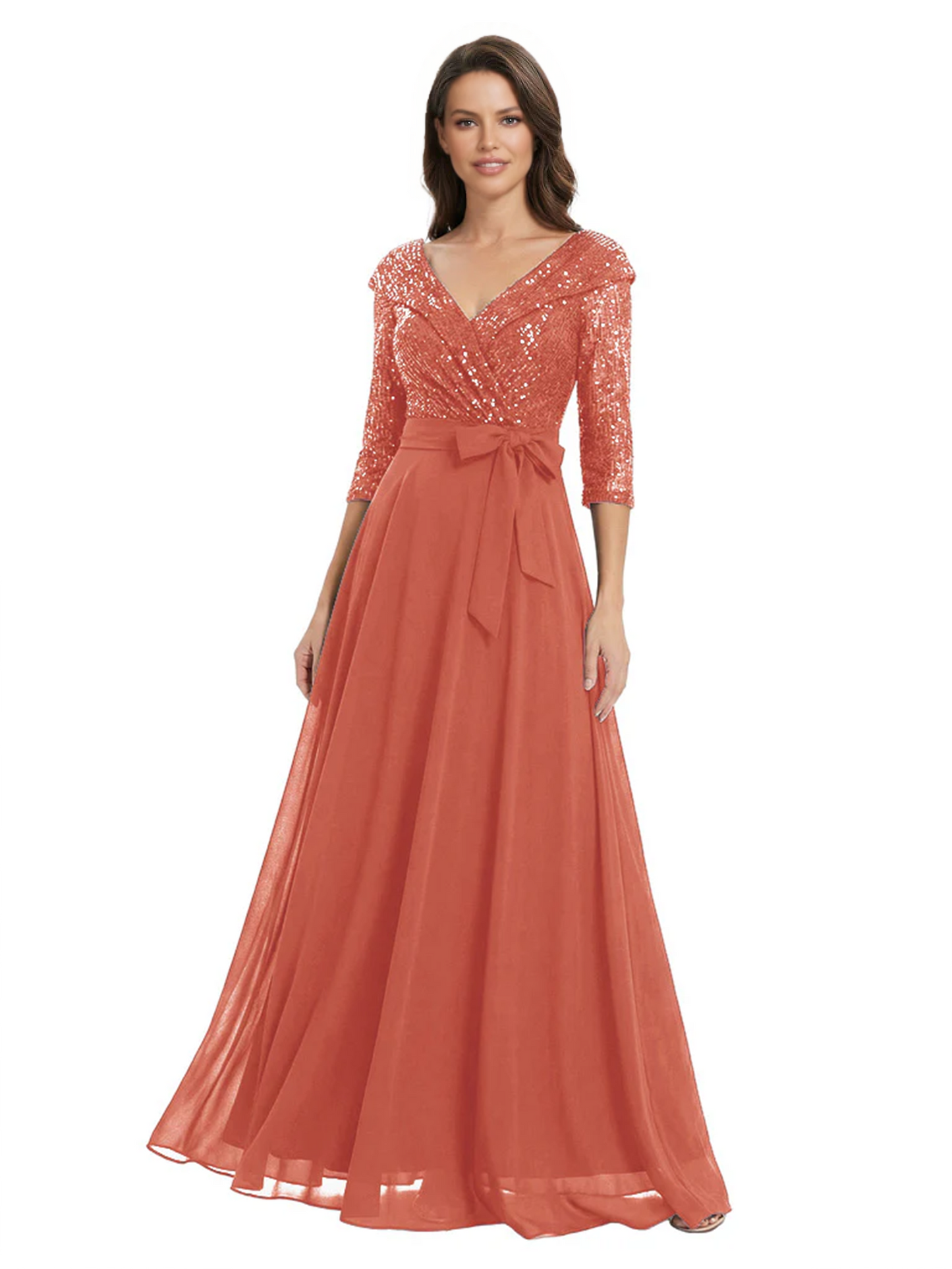Chiffon Mother of the Bride Dress with Sequin V-Neck and Elegant Bow Sash