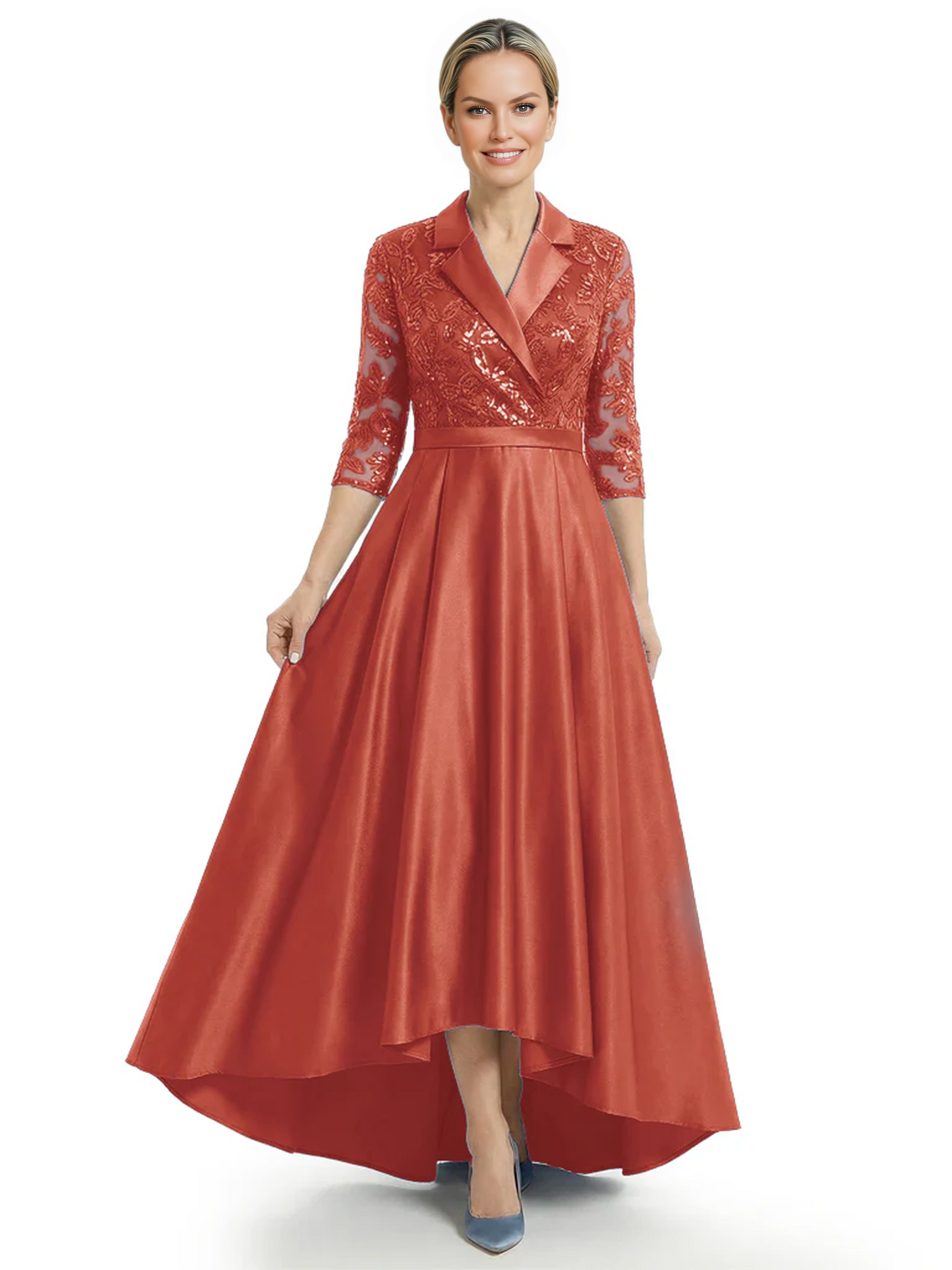 Elegant Mother of Bride Dress Evening Gowns Trending Styles with Lapel Collar 3/4 Sleeves