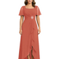 Formal High-Low Mother of the Bride Gown Sleeved Chiffon Maxi Dress Ruched Waist