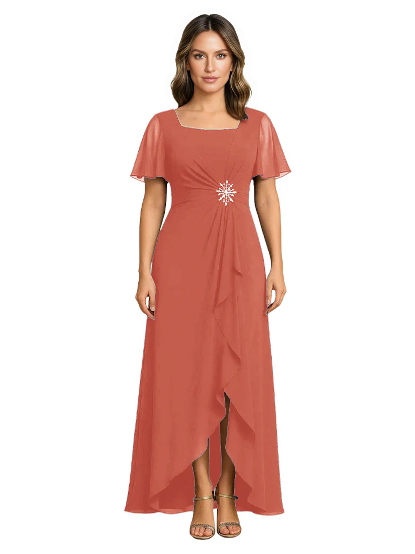 Formal High-Low Mother of the Bride Gown Sleeved Chiffon Maxi Dress Ruched Waist