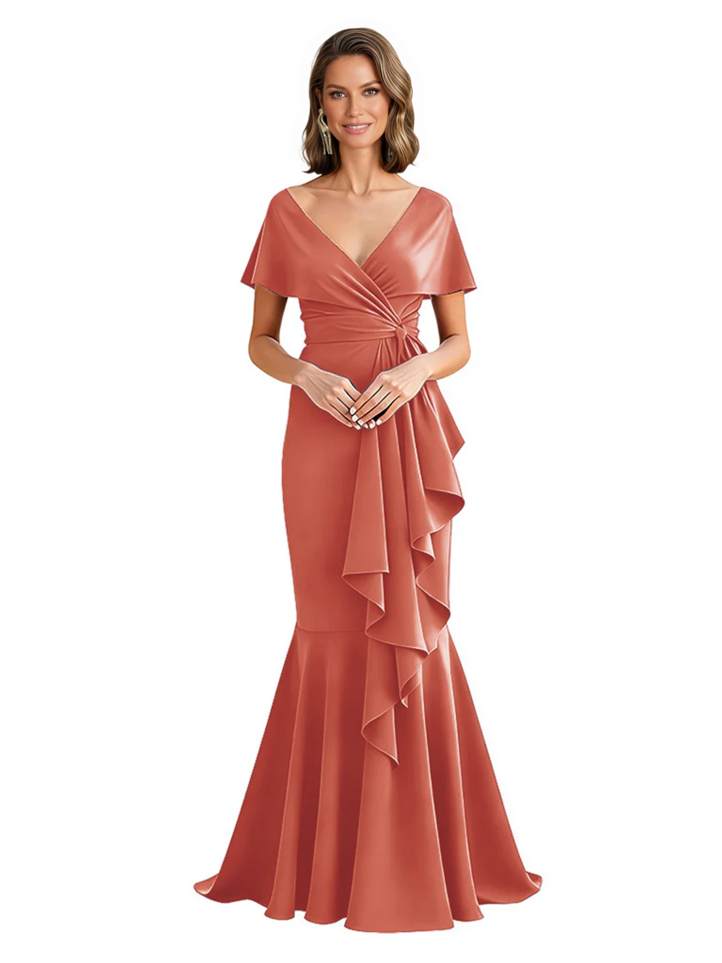 Satin Mother of the Bride Dress with Cascading Ruffles and Mermaid Tail V-Neck