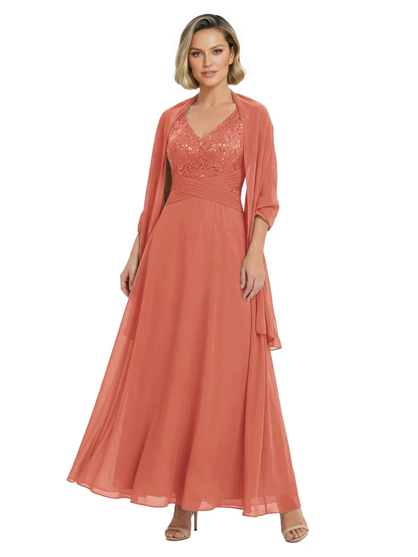 Luxury Formal Mother of Bride Dress Sparkling Sequin Top & Flowy Chiffon Skirt with Shawl