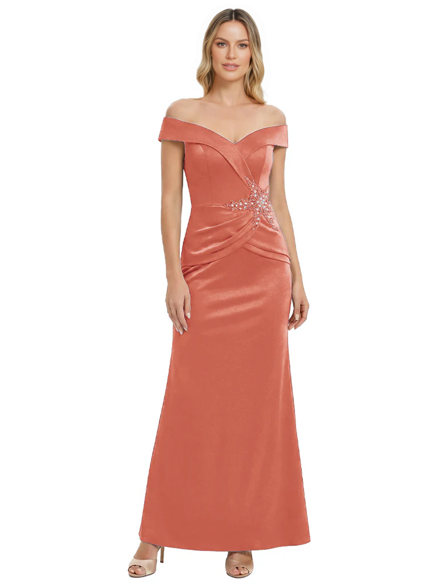 Off Shoulder Mother of the Bride Dress Beaded Waist Satin Gown Portrait Neckline