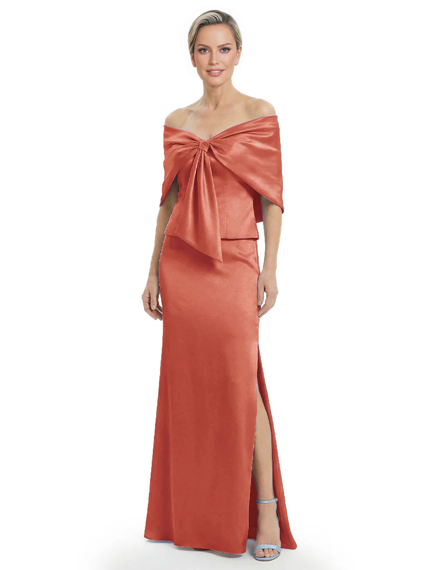 Formal Floor-Length Mother of the Bride Gown Satin Maxi Dress with Bow Neckline