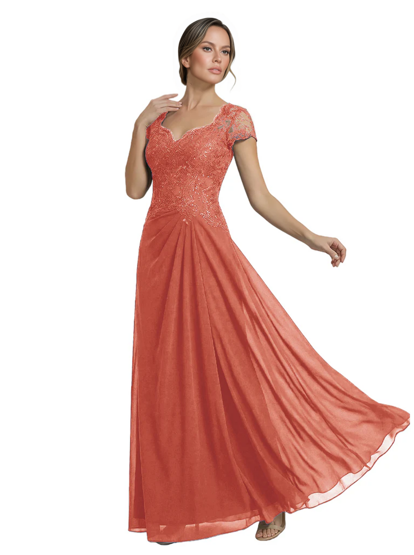 Long A-line Chiffon Short Sleeves Mother of the Brides Dresses Lace Wedding
