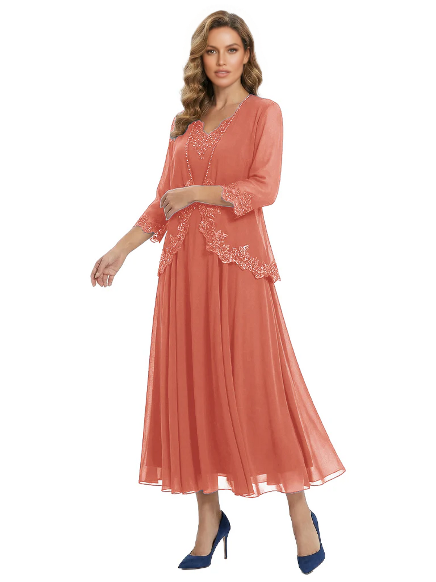 3/4 Sleeve Chiffon Mother of the Brides Dresses V-Neck Wedding Party Gowns