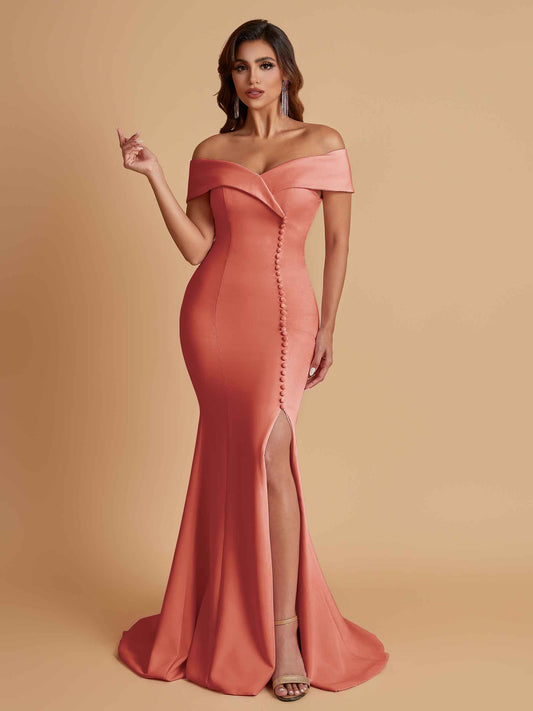 Elegant Soft Satin Mermaid Off Shoulder Side Slit Floor-Length Bridesmaid Dresses
