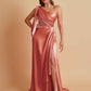 Sexy Soft Satin Mermaid One Shoulder Asymmetrical Side Slit Floor-Length Bridesmaid Dresses