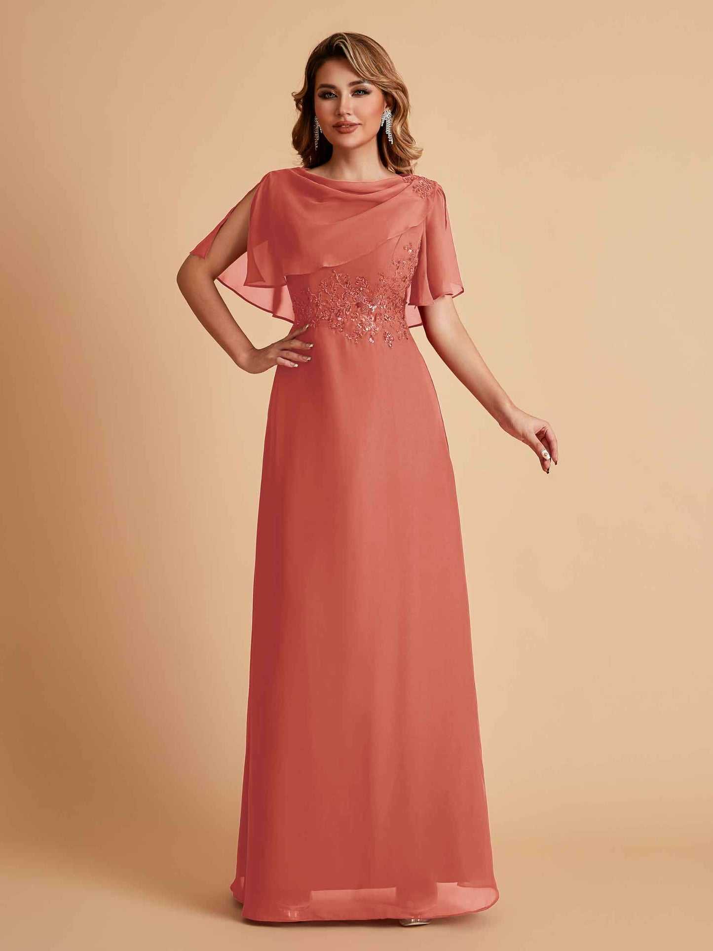 Elegant A-Line Chiffon Half Sleeves Jewel Mother of the Brides Dresses Online