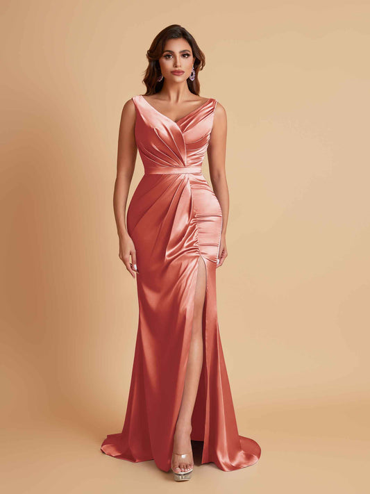 Elegant V Neck Soft Satin Side Slit Floor-Length Mermaid Bridesmaid Dresses