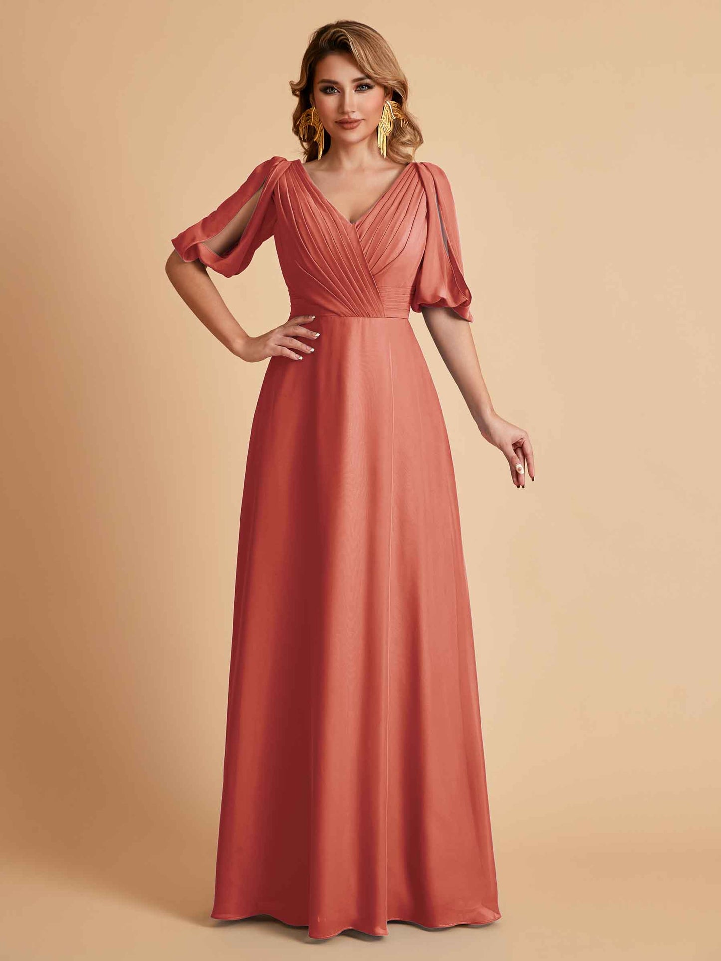 Elegant A-Line Chiffon Half Sleeves V-Neck Mother of the Brides Dresses Online