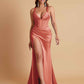 Stunning V Neck Soft Satin Side Slit Floor-Length Mermaid Bridesmaid Dresses