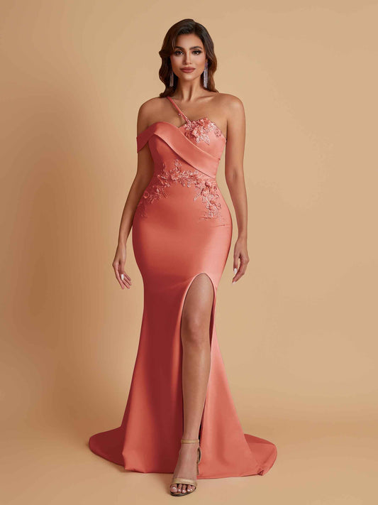 Sexy Soft Satin Mermaid One Shoulder Asymmetrical Side Slit Floor-Length Bridesmaid Dresses