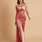 Sexy Soft Satin Mermaid One Shoulder Side Slit Floor-Length Mermaid Bridesmaid Dresses