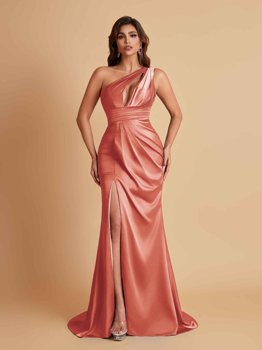 Sexy One Shoulder Soft Satin Side Slit Floor-Length Mermaid Bridesmaid Dresses
