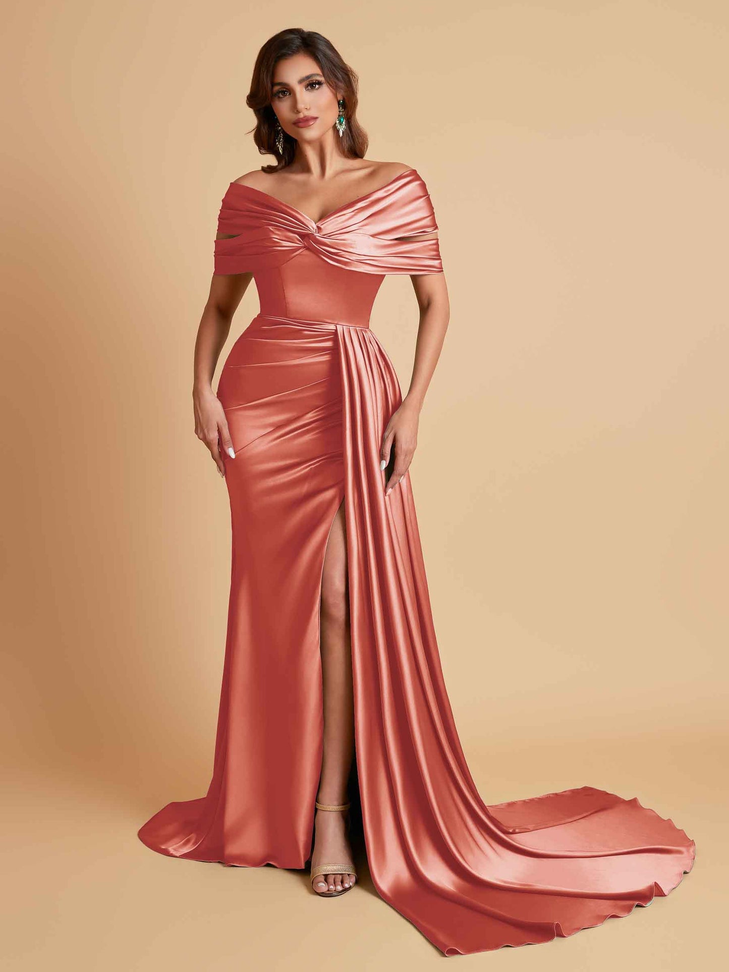 Elegant Soft Satin V-neck Off-the-Shoulder Side-Slit Mermaid Bridesmaid Dresses