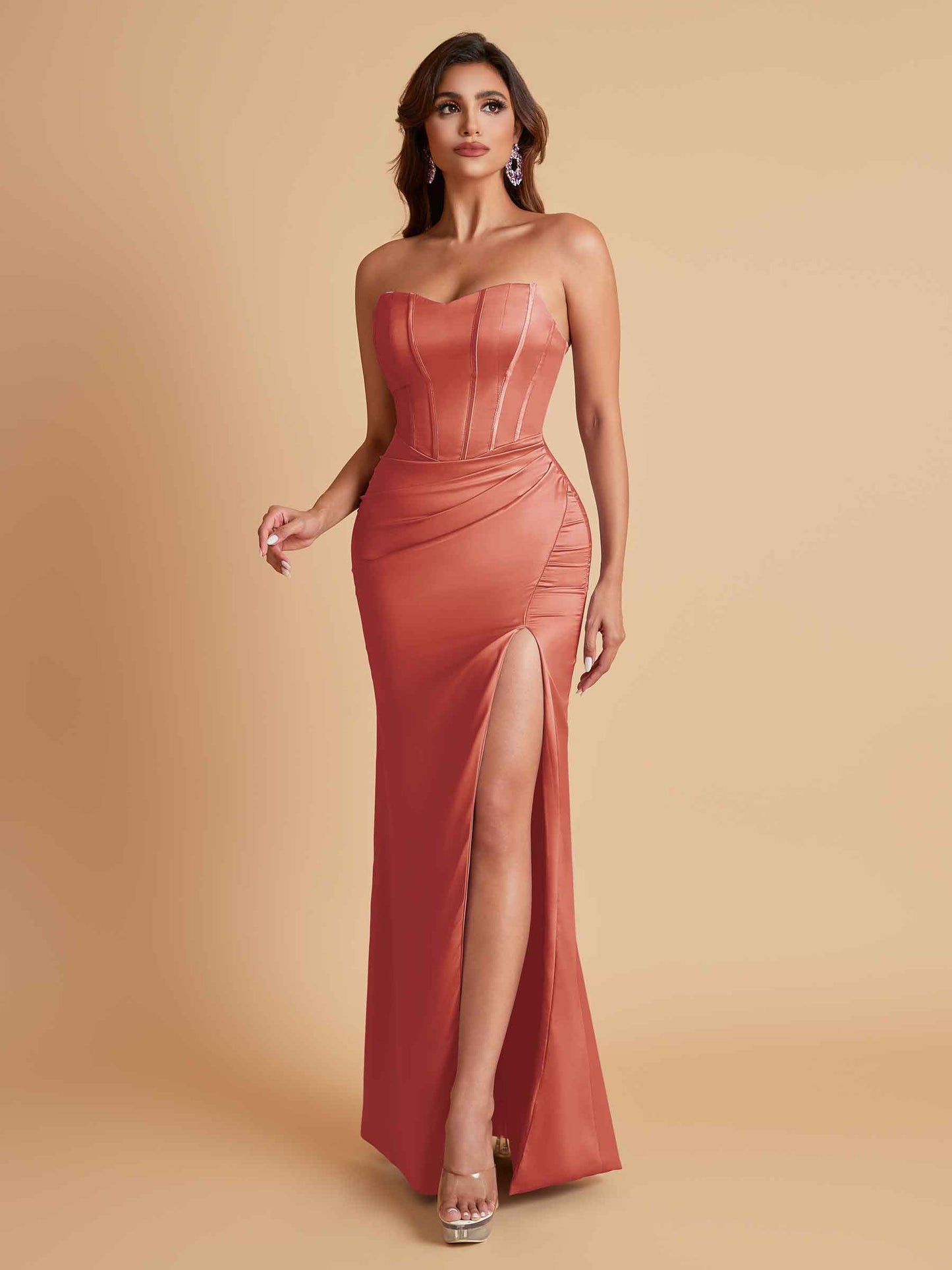 Sexy Strapless Soft Satin Side Slit Floor-Length Mermaid Bridesmaid Dresses