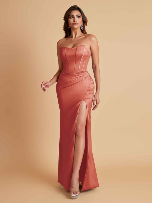 Sexy Strapless Soft Satin Side Slit Floor-Length Mermaid Bridesmaid Dresses