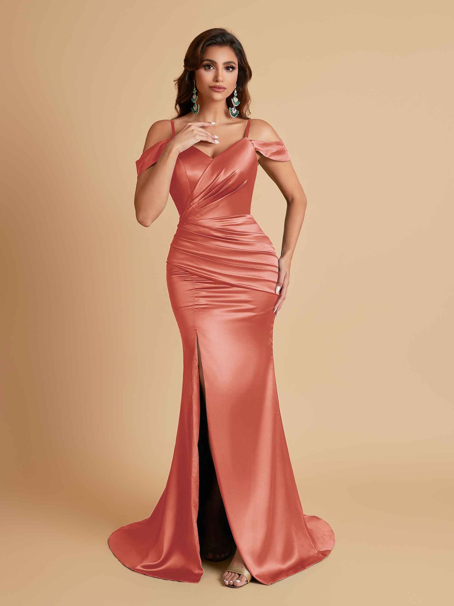 Sexy Soft Satin Mermaid Off Shoulder Side Slit Floor-Length Mermaid Bridesmaid Dresses
