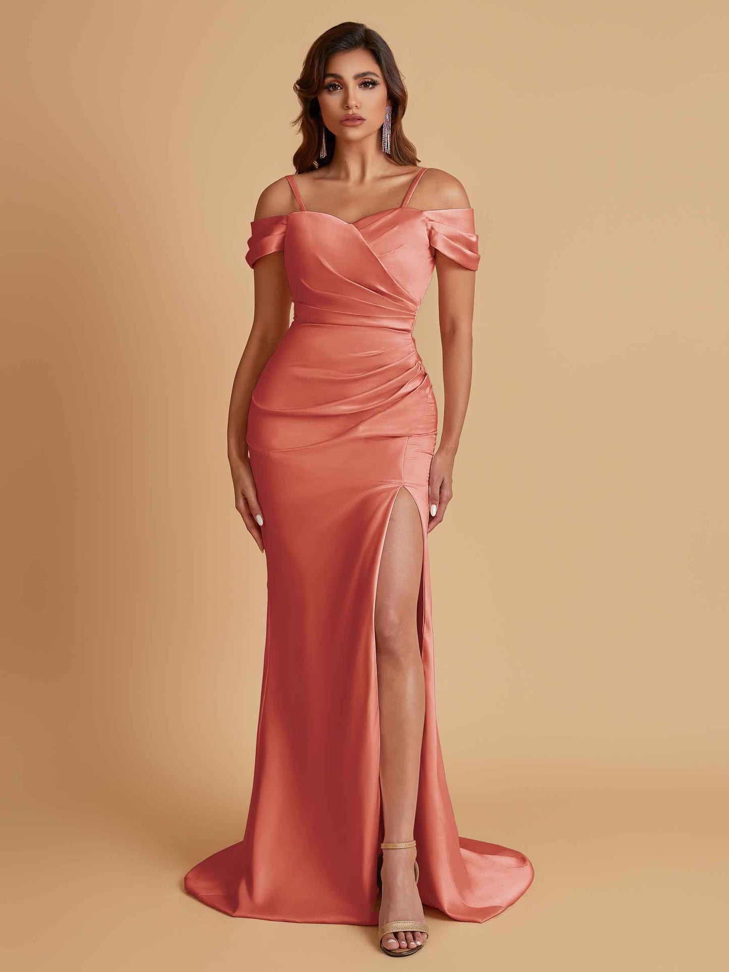 Sexy Soft Satin Mermaid Cold Shoulder Side Slit Floor-Length Bridesmaid Dresses Online