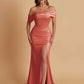 Elegant Soft Satin Mermaid Off Shoulder Asymmetrical Side Slit Floor-Length Bridesmaid Dresses