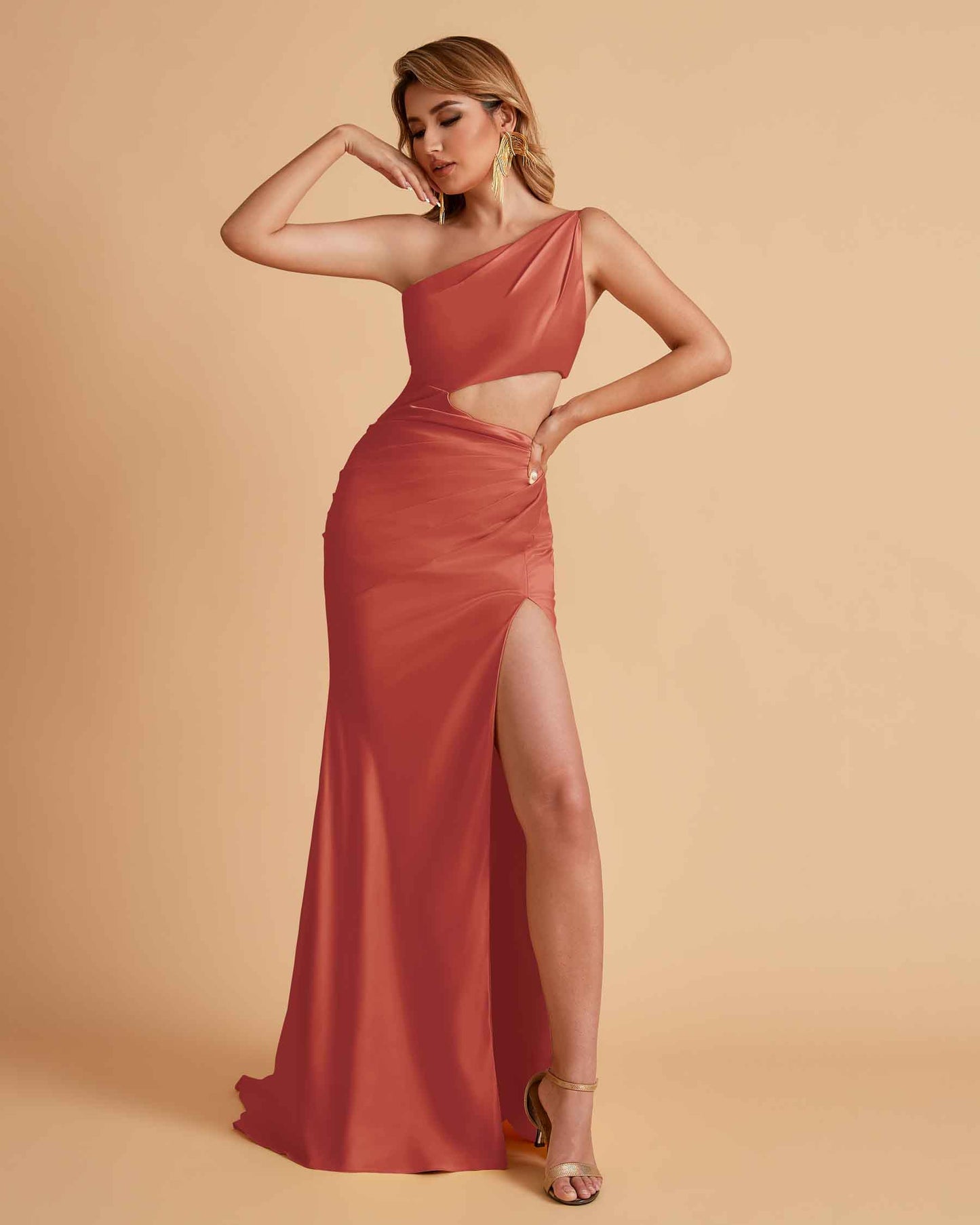 Sexy One-Shoulder Waist Cutout With High Split Floor-Length Bridesmaid Dresses