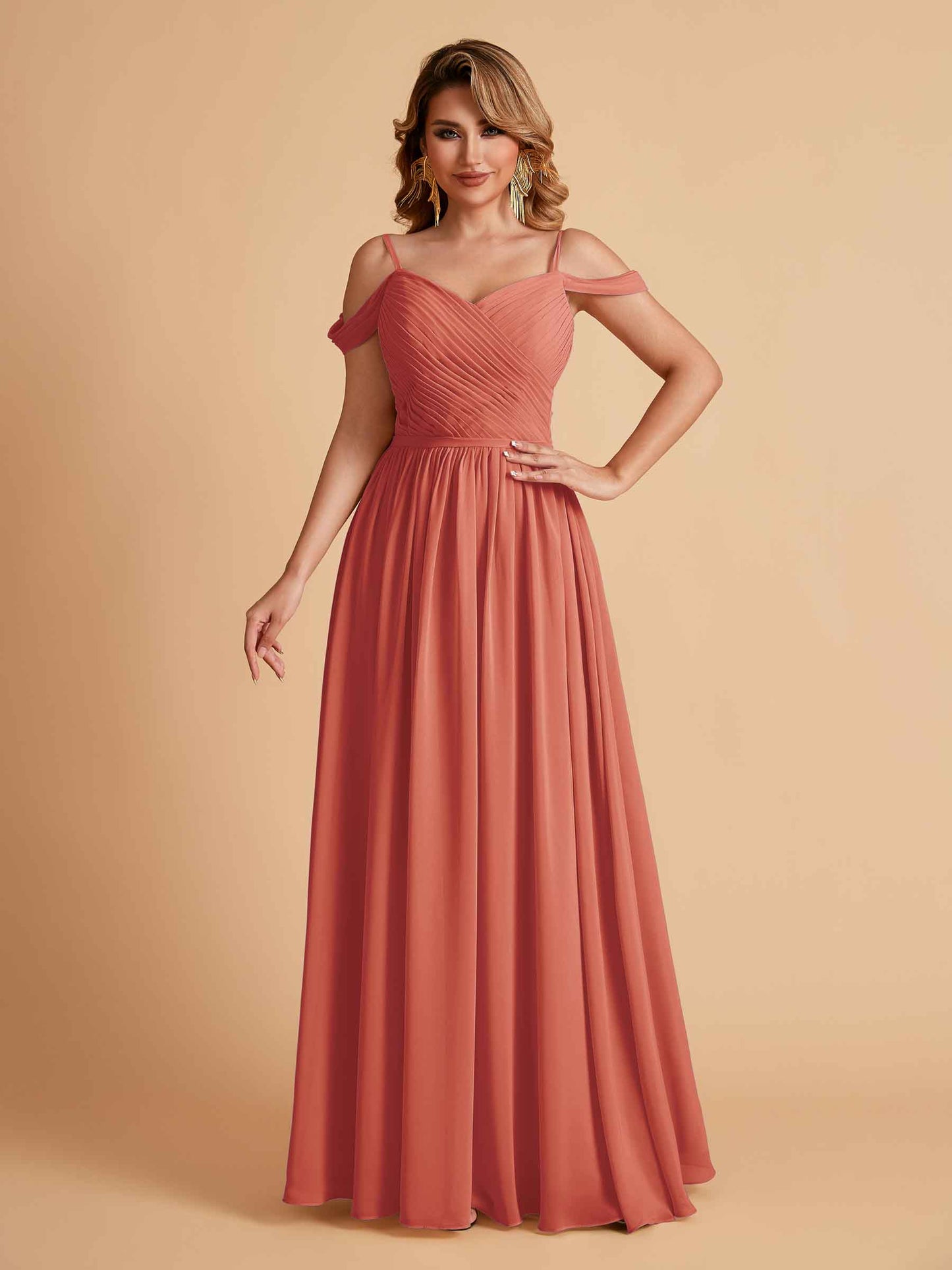Elegant A-line Chiffon Off The Shoulder V-Neck Bridesmaid Dresses Online