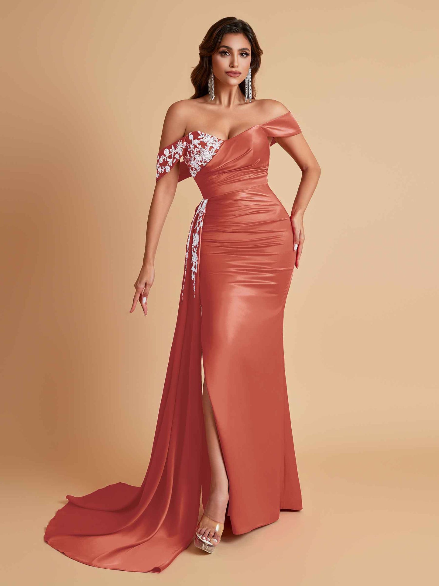 Elegant Soft Satin Mermaid Off Shoulder Floor-Length Mermaid Bridesmaid Dresses