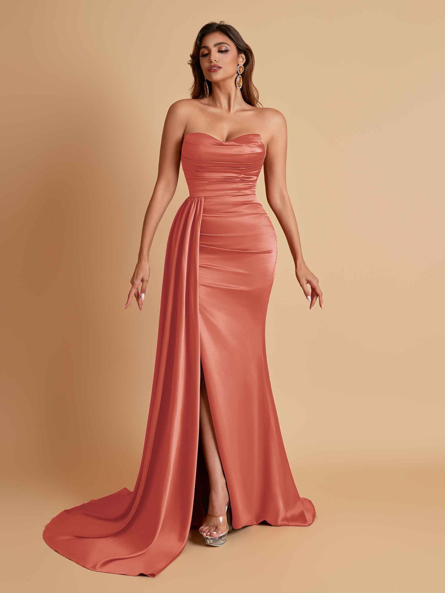 Elegant Soft Satin Sweetheart Strapless Side-Slit Mermaid Bridesmaid Dresses