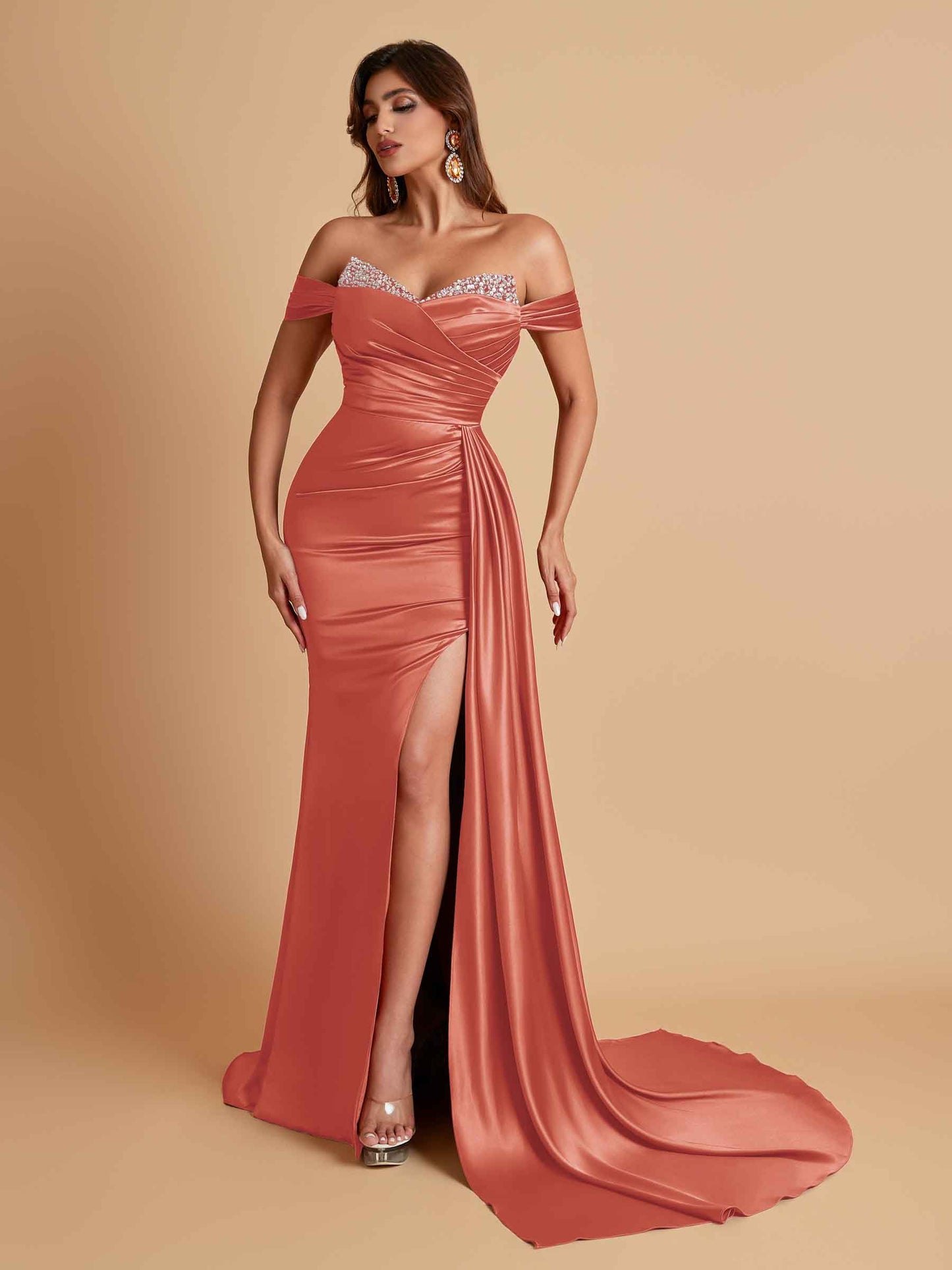 Gorgeous Soft Satin V-neck Off-the-Shoulder Side-Slit Mermaid Bridesmaid Dresses