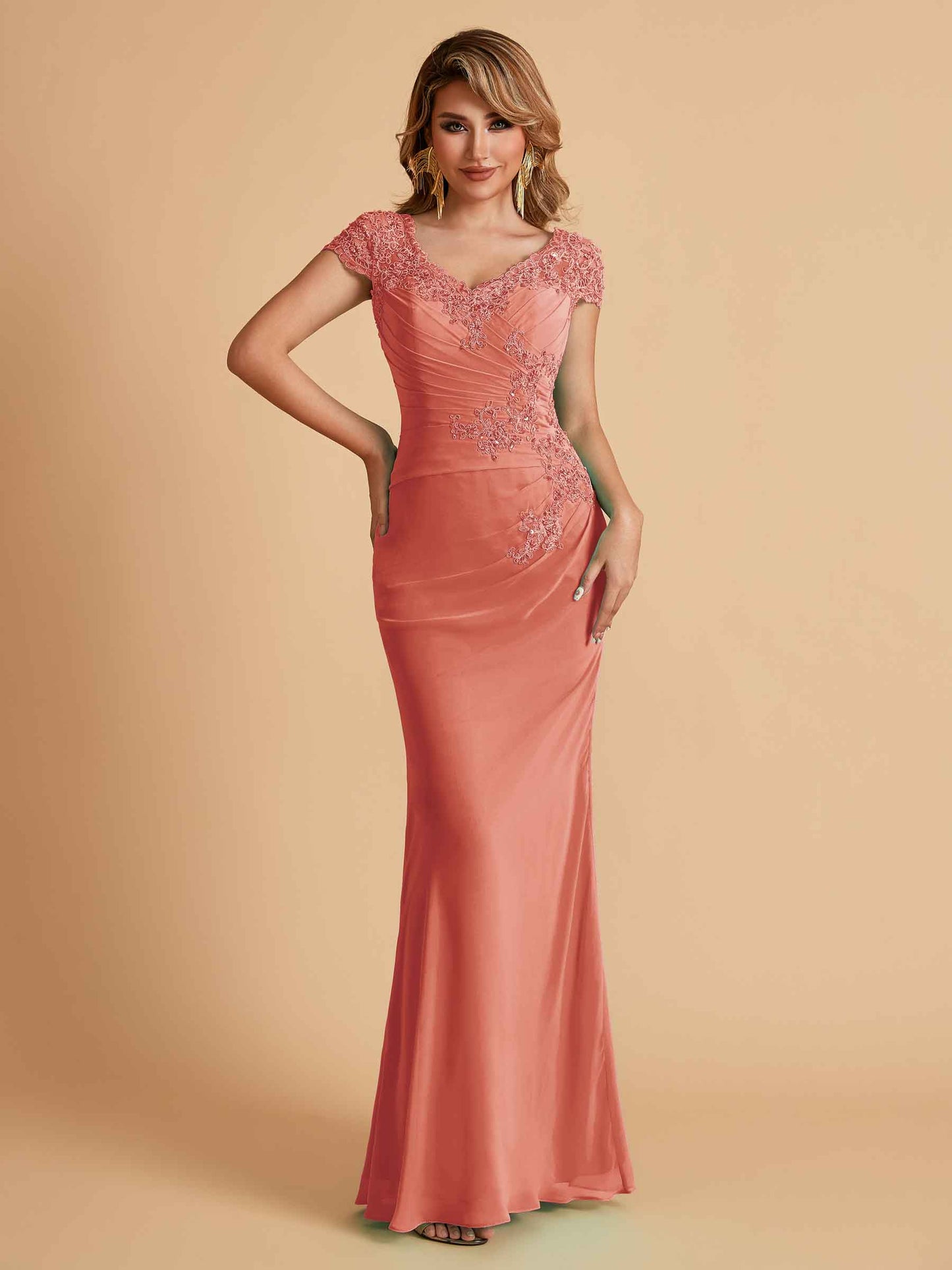 Elegant Mermaid Chiffon Cap Sleeves V-Neck Mother of the Brides Dresses Online