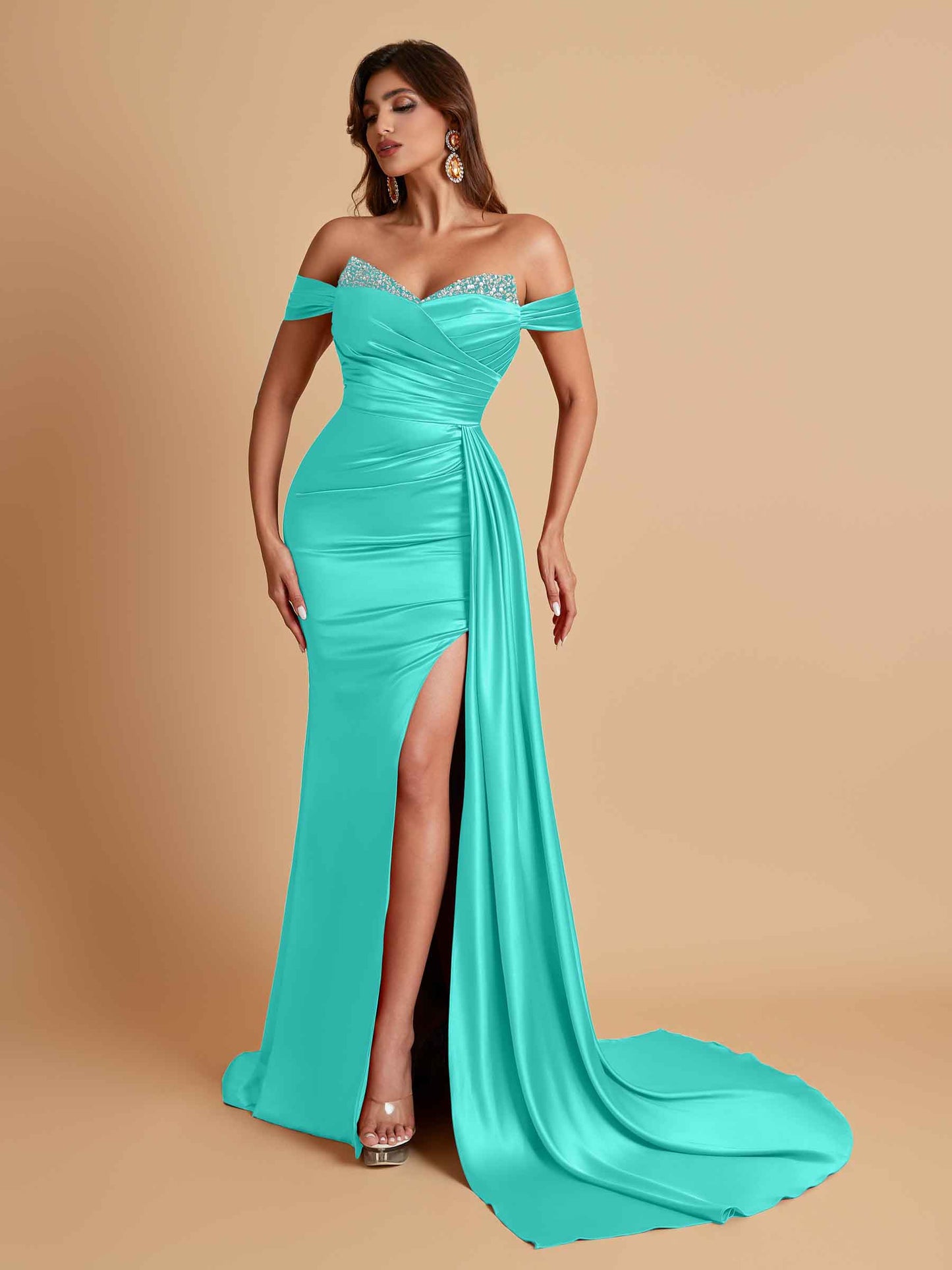 Gorgeous Soft Satin V-neck Off-the-Shoulder Side-Slit Mermaid Bridesmaid Dresses
