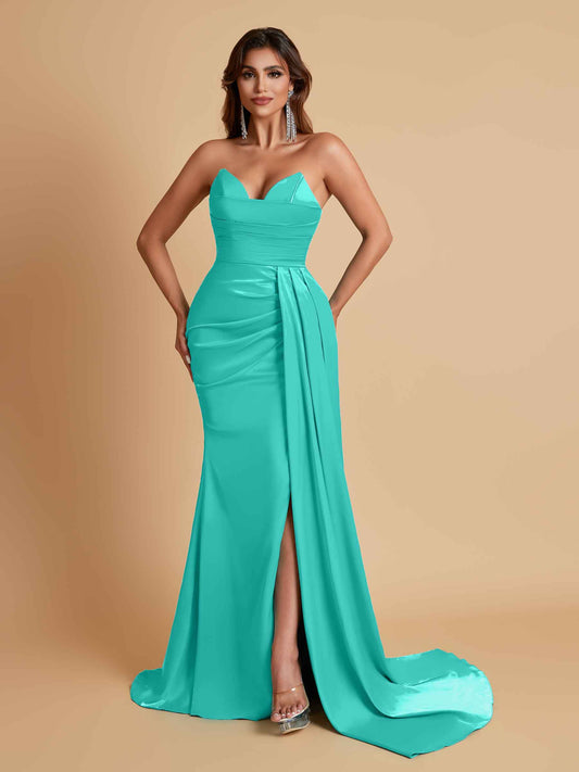 Gorgeous Strapless Soft Satin Side Slit Floor-Length Mermaid Bridesmaid Dresses
