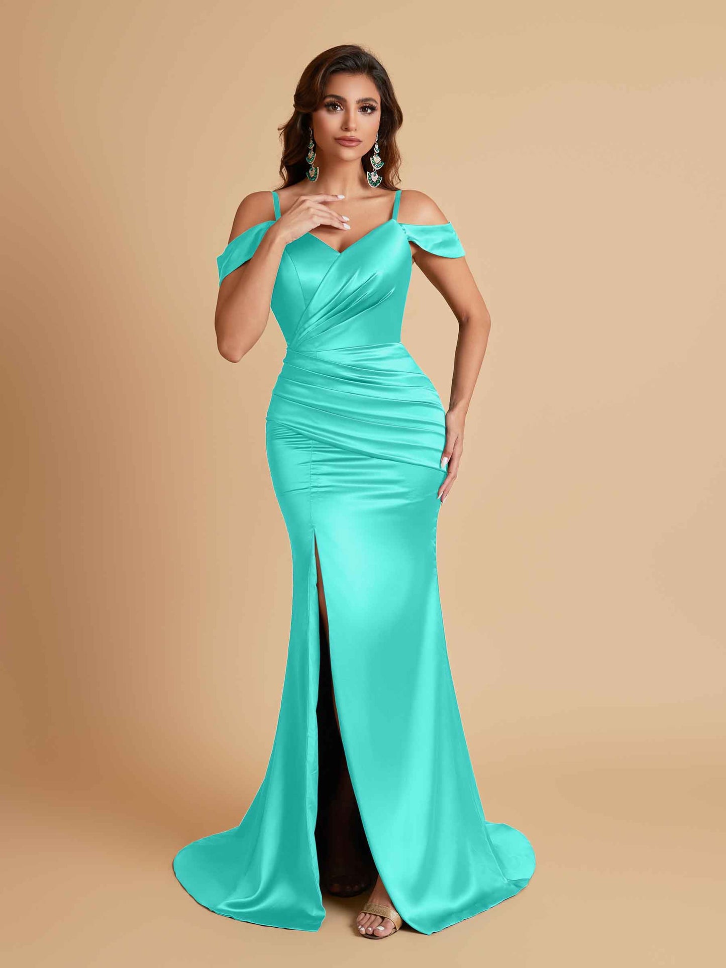 Sexy Soft Satin Mermaid Off Shoulder Side Slit Floor-Length Mermaid Bridesmaid Dresses