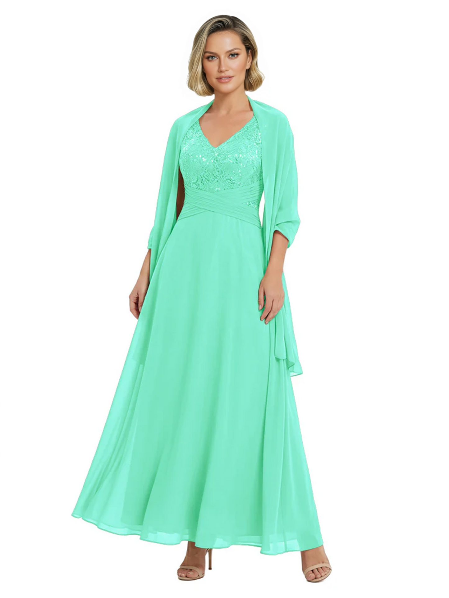 Luxury Formal Mother of Bride Dress Sparkling Sequin Top & Flowy Chiffon Skirt with Shawl