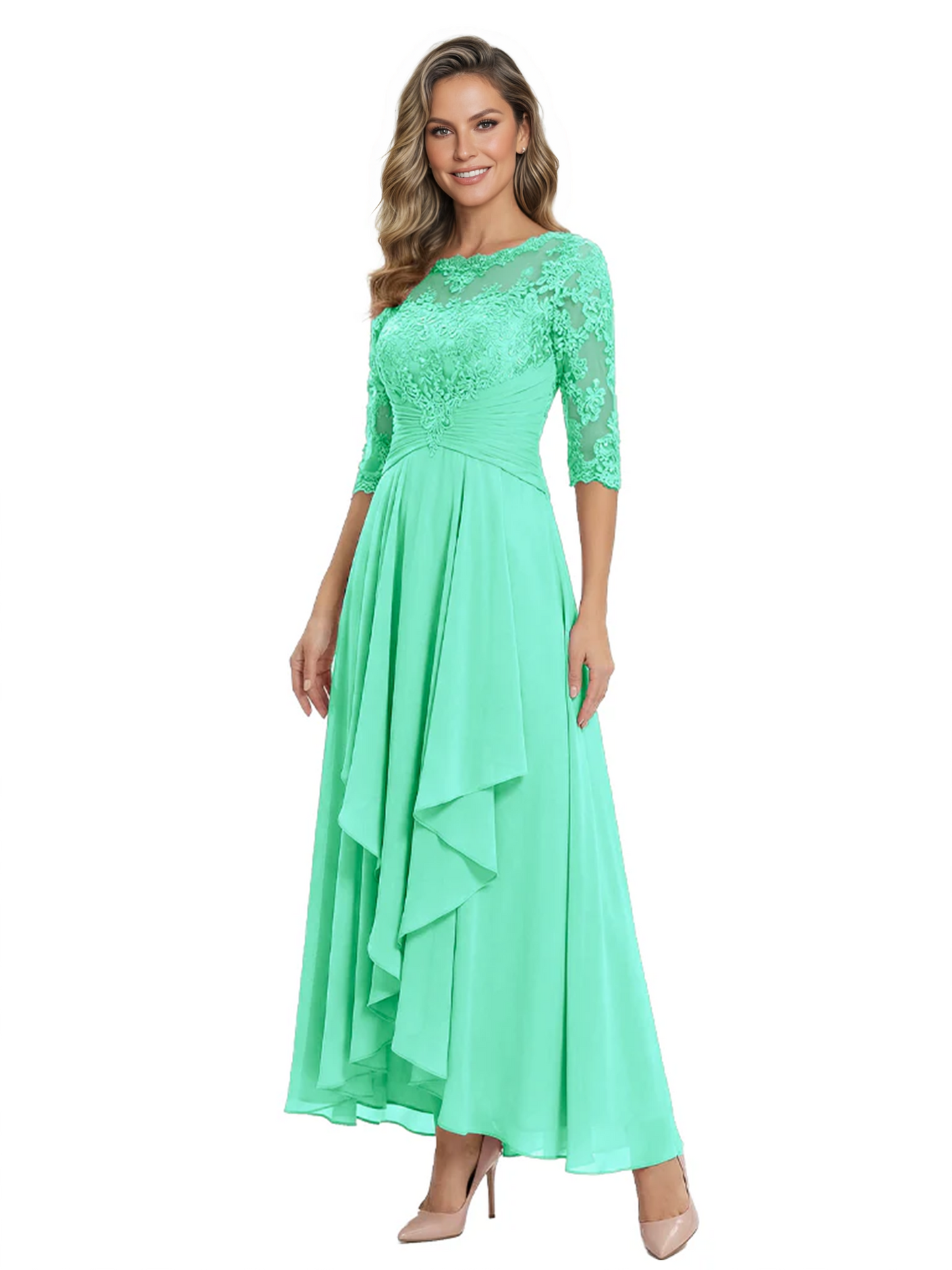 3/4 Sleeve Mother of the Bride Dress with Lace Embroidery High-Low Hem 2026